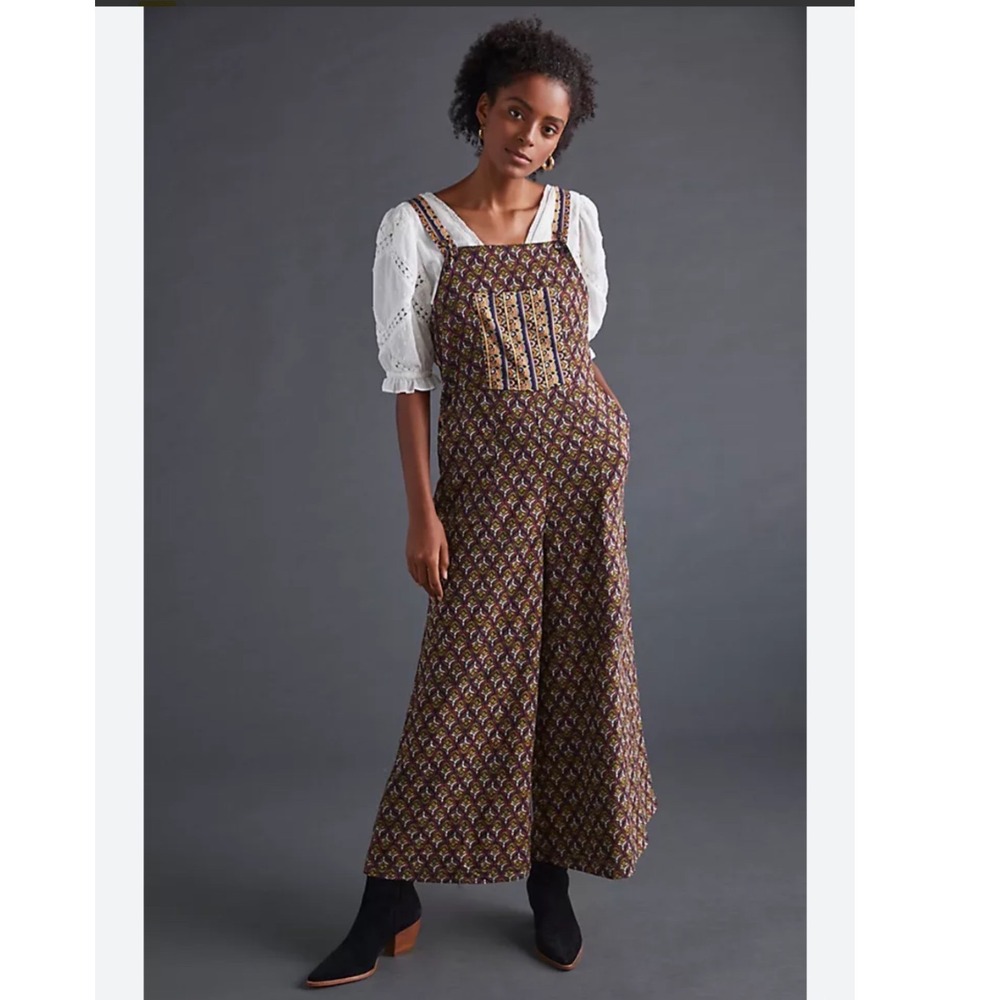 Anthropologie Let me be Geometric Print Wide Leg Jumpsuit XL Boho Snap Pockets
